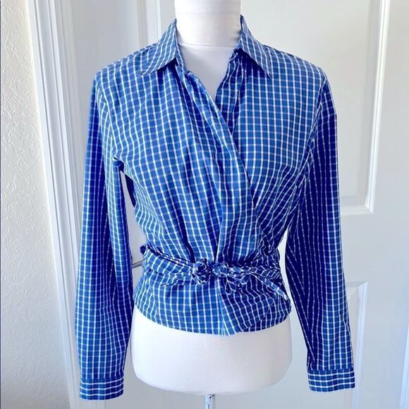 Talbots Tops - Talbots Blue Checkered True Wrap Cropped blouse Cotton Blend NWOT SZ 6